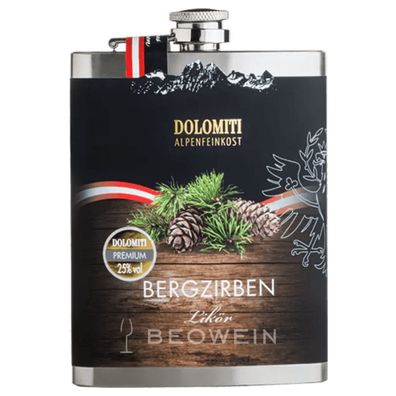 Dolomiti Berg Zirbenlikör im Flachmann aus Edelstahl 0,2 l