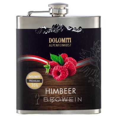 Dolomiti Himbeer Schnaps im Flachmann aus Edelstahl 0,2 l