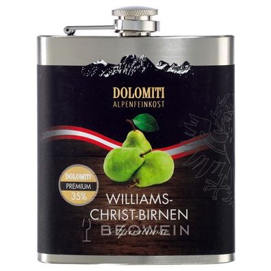 Dolomiti Williams Christ Birnen Schnaps im Flachmann aus Edelstahl 0,2 l