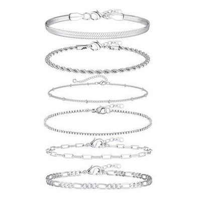 6 Ketten Armbander für Damen Verstellbar Modeschmuck Silber