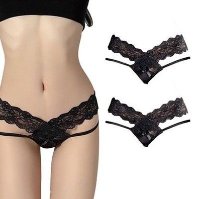 2er Pack Damen Micro String Tanga Spitze transparent V-Form schwarz