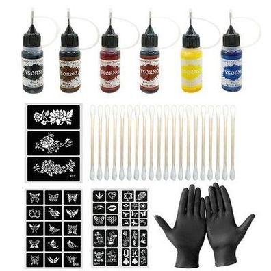 1 Tattoo Set 6 Farben 3 Schablonen Handschuhe Applikatoren für kreative Tattoo
