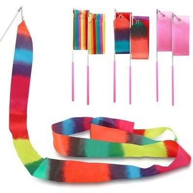 6x Rhythmische Tanzbänder 2m mit Wirbelstab Regenbogenfarben Gymnastik Streamer