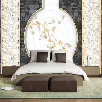 3D Fototapete Stil Gold Blumen Vögel Grau Ziegel Goldene Blumen Vögel 7420