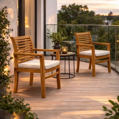 2tlg. Set Teak Armlehnstuhl LETAK Natural stapelbar Gartenstuhl mit Sitzkissen