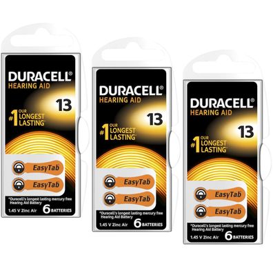 3x Duracell Batterien 13 Hörgerätbatterien Zinc Air 1,45V Activair 6er Blister