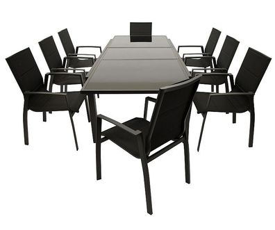 Garnitur Sitzgruppe 9-teilig, Aluminium schwarz, Textillene, Glasplatte