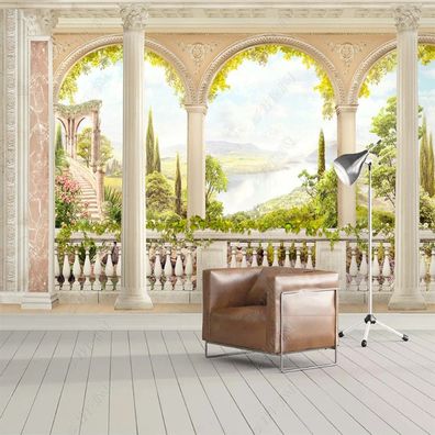 3D Fototapete Stil Römische Säulen Garten Landschaft - Wandtapete Berge 7239