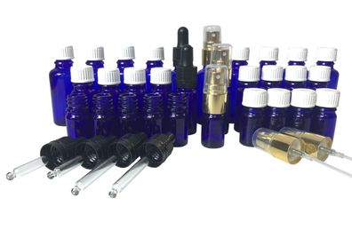 Sorgenfrei" Set Blauglas: 30 x Flaschen, Deckel, Pipetten & Zerstäuber
