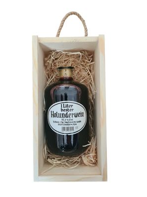 Geschenk Apothekerflasche Fruchtwein Holunderwein mit Holzbox und Tragekordel