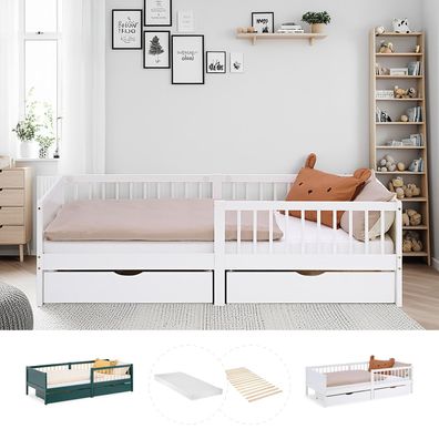Kinderbett 90x200 cm 2 Bettkästen Rausfallschutz Weiß Grün Holzbett Einzelbett