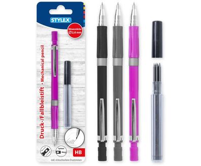 Druck Fallbleistift 2,0mm HB + 6 Ersatzminen mit Anspitzer im Druckknopf - diverse
