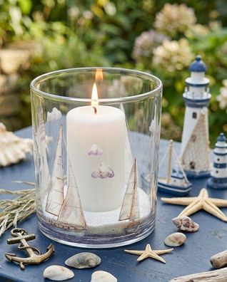 Maritimes Windlicht-Glas "Heimathafen" - Segler & Leuchtturm-Design