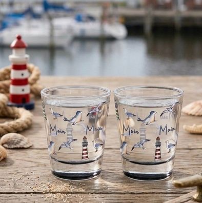Moin" Schnapsglas mit maritimen Motiven