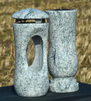 Grablaterne mit Vase Grablicht Grableuchte Grabschmuck aus Granit Viscont