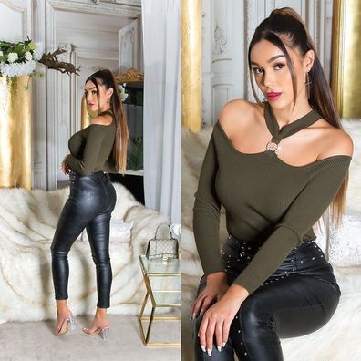 SeXy Miss Damen Girly Carmen Strick Pulli Strass Neckband 34/36/38 khaki TOP