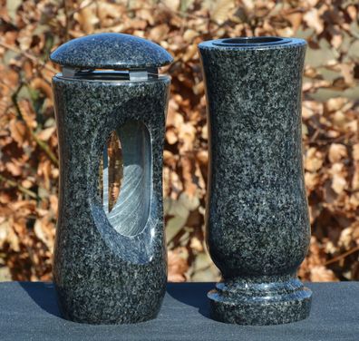 Grablaterne mit Vase Grablicht Grableuchte Grabschmuck aus Impala-Stein