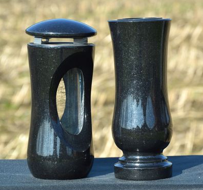 Grablaterne mit Vase Grablicht Grableuchte aus Granit Schwarz Schwede