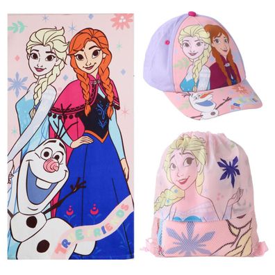 Disney Frozen Set Strandtuch 70 × 140 cm Baseballkappe und Turnbeutel für Kinder