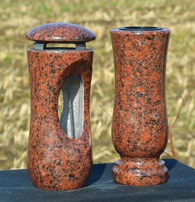 Grablaterne mit Vase Grablicht Grableuchte Grabschmuck aus Vanga Granit