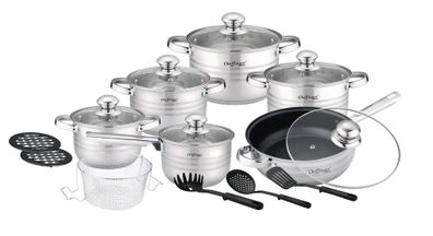 18 tlg Edelstahl Kochgeschirr Induktion Kochtopf Topf Set Pfanne Küchenhelfer