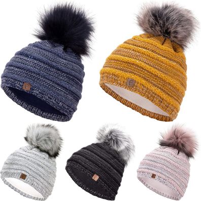 Faera Wintermütze warm gefüttert mit Kunstfell Bommel-Mütze Fleece-Futter Winter