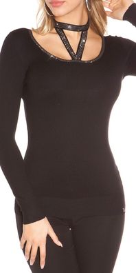 SeXy Miss Damen Nieten Look Neckband Feinstrick Pulli 34/36/38 schwarz Neu