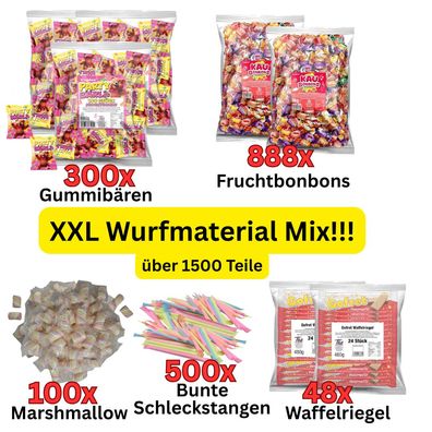 XXL Wurfmaterial Mix 1500 Teile – Bonbons Gummibärchen Schleckstangen Karneval
