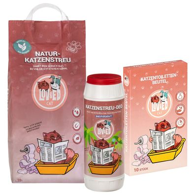 Lov&Ed Set für die Katzentoilette: Natur-Katzenstreu 10 Liter, Deo & Toilettenbeutel