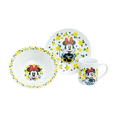 Disney Minnie Mouse Kinder Geschirr Set Keramik 3 teilig Teller Schüssel Becher