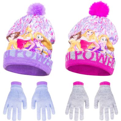 Disney Prinzessin Mütze mit Pompon und passenden Handschuhen für Kinder