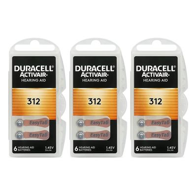 3x Duracell Batterien 312 Hörgerätebatterien Zinc Air 1,45V Activair 6er Blister