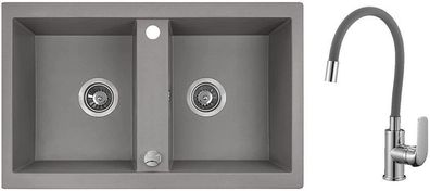 SET Küchenarmatur & Granitspüle 2-Becken Barbados Grau 48x78 | Siphon im SET!