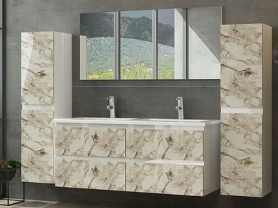 Doppel Waschbecken Badmöbel Set Weiss Hochglanz Badezimmermöbel 5 teilig Bad 120 cm