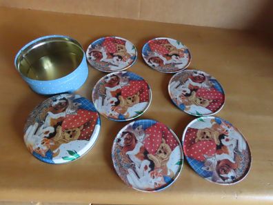 Untersetzer Metalluntersetzer mit Hunde u. Katzen 6 St. in Blechdose