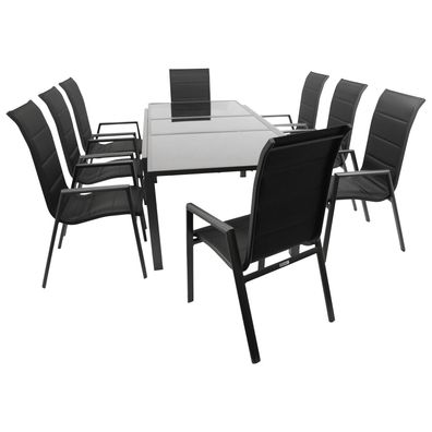 Garnitur Sitzgruppe 9-teilig, Aluminium anthrazit + Kunstgewebe schwarz, Tischplat