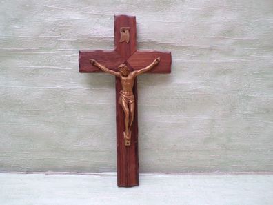ALT Kreuz Kruzifix Holz "geschwungen" Metall / Messing Jesus Inri 24,5x13x1cm