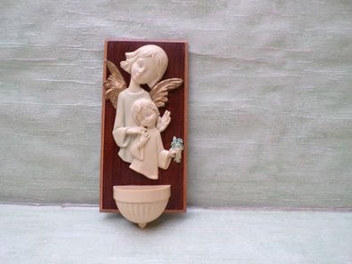 altes Weihwasserbecken Wandbild Engel Kind Bakelit Holz 23x11cm RAR
