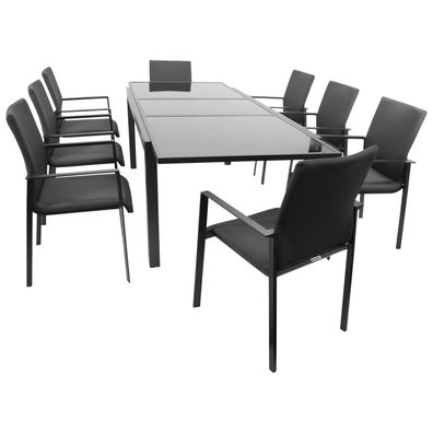 Garnitur Sitzgruppe 9-teilig, Aluminium + Kunstgewebe anthrazit, Tischplatte Glas
