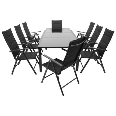 Garnitur Sitzgruppe 9-teilig, Aluminium, Kunstgewebe schwarz, Glasplatte