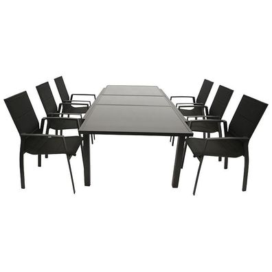 Gartenset Garnitur 7-teilig, Aluminium schwarz, Textillene, Glasplatte
