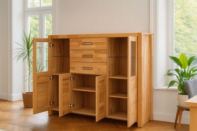 Highboard Sideboard Glasvitrine Kernbuche geölt Schubladenkommod #4398