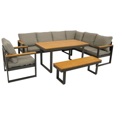 Gartenset Lounge-Set Funktions Eckbank Set 4-teilig, Aluminium + Akazie, mit Polstern