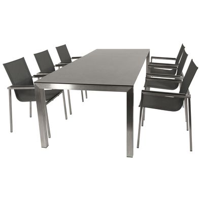 Garnitur Sitzgruppe 7-teilig, Edelstahl + Kunstgewebe anthrazit, Tischplatte Glas