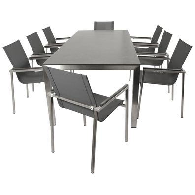 Garnitur Sitzgruppe 9-teilig, Edelstahl + Kunstgewebe anthrazit, Tischplatte Glas