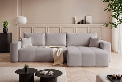 Ecksofa Schlafsofa Sofa LEROS in Stoff Manila Hellgrau Ottomane Rechts