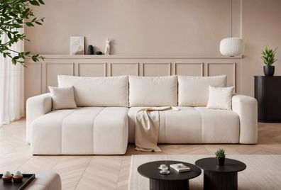 Ecksofa Schlafsofa Sofa LEROS in Stoff Manila Creme Ottomane Links