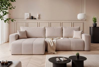 Ecksofa Schlafsofa Sofa LEROS in Stoff Manila Beige Ottomane Links