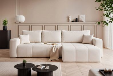 Ecksofa Schlafsofa Sofa LEROS in Stoff Manila Creme Ottomane Rechts