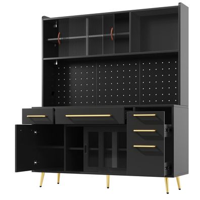 Modernes Sideboard LED Hochschrank Küche Wohnzimmer Schwarz Glasböden